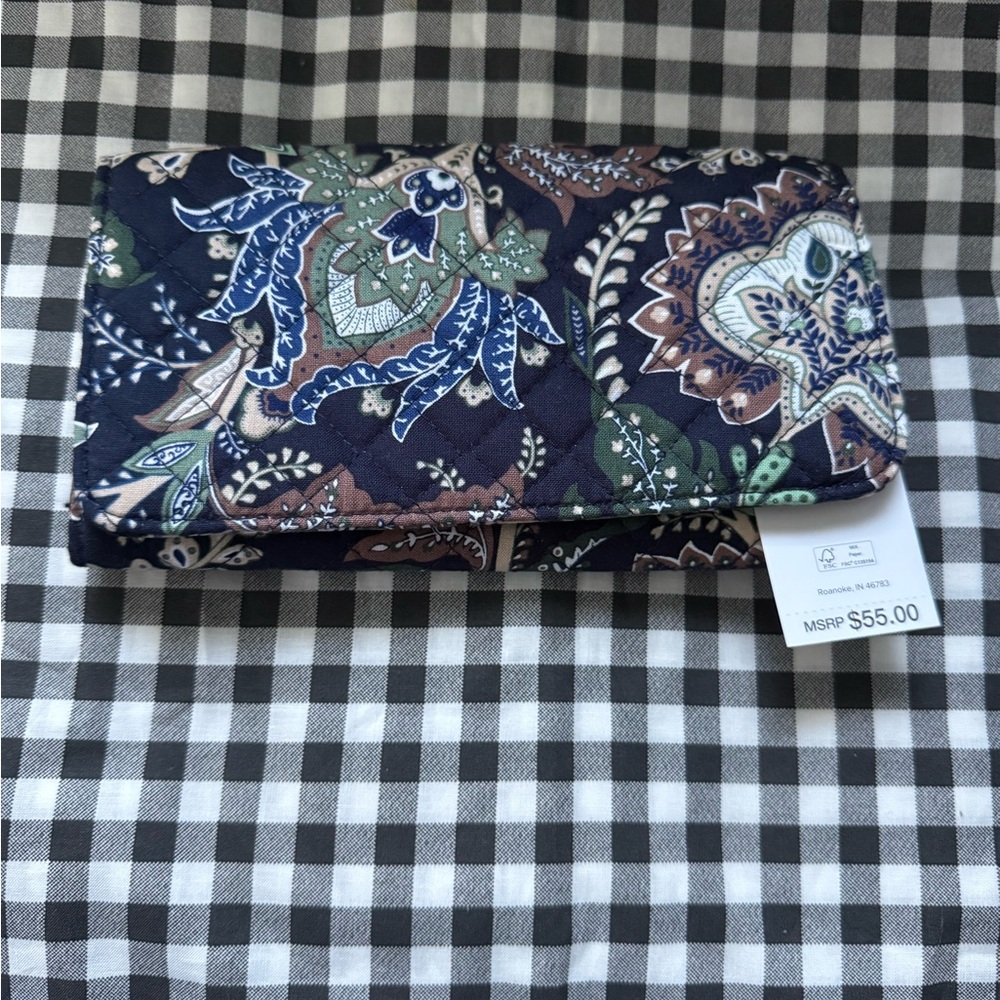 Vera Bradley Navy/Green Multicolored Floral RFID Trifold Clutch Wallet